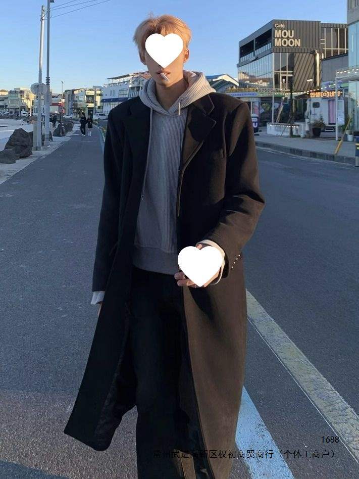 2026 New Men's Mid-Length Woolen Trench Coat, H-Shaped Style, Straight Shoulders, Stylish Black Wasteland Style for Winter