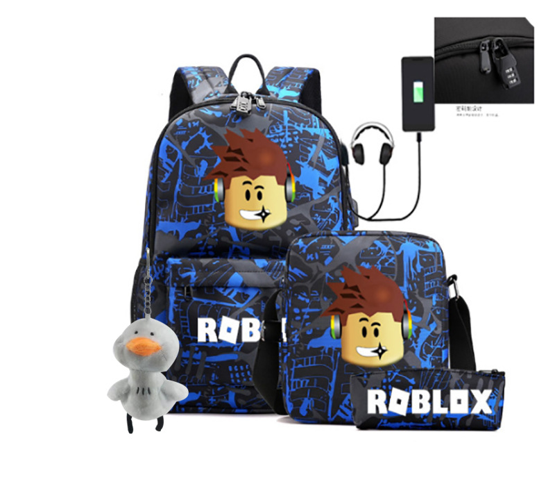 2023 juego de roblox transfronterizo alrededor de carga USB bolso de hombro masculino y femenino bolso de lápiz de un solo hombro conjunto de tres piezas para estudiantes de secundaria
