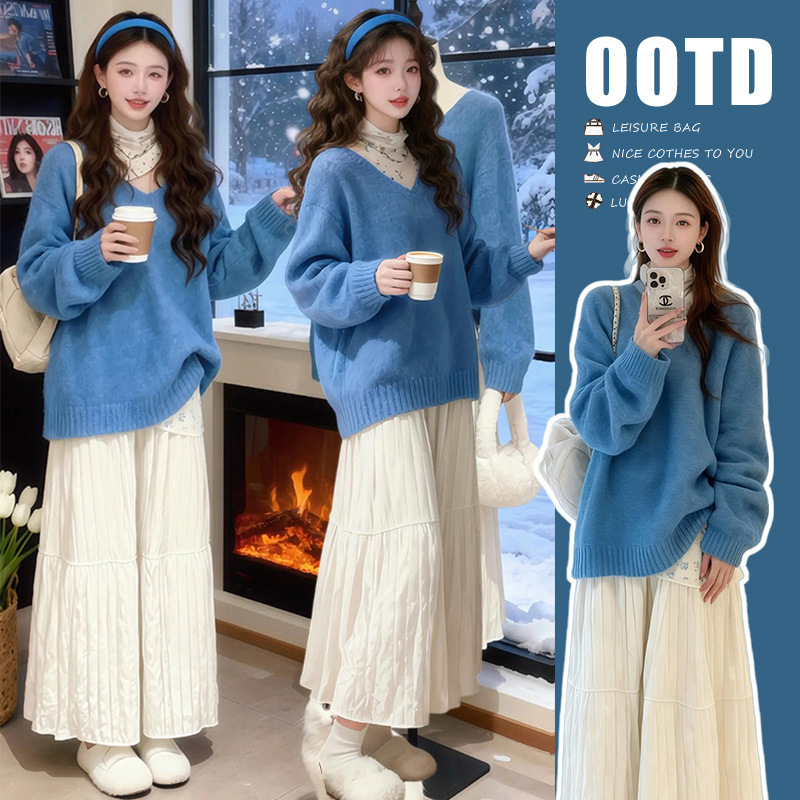 --A Complete Set of Beautiful Winter Clothing for Pregnant Women, a Korean-Style Age-Reducing Top, Knitted Sweater, and Skirt Set --A Complete Set of Beautiful Winter Clothing for Pregnant Women, a Korean-Style Age-Reducing Top, Knitted Sweater, and Skirt Set