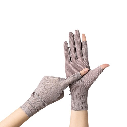 Summer Lace Ice Silk Women's Model 7075 Touch Screen Half Finger Exposed Finger Cycling Driving Sun Protection UV Gloves