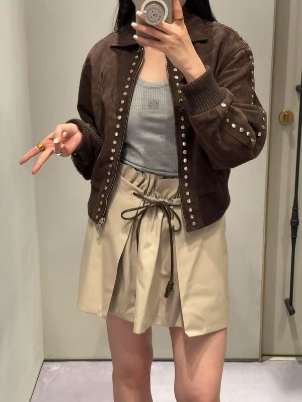 南油高端女装2025年早秋冬LOE*新款麂皮绒铆钉夹克翻领皮衣外套女|undefined