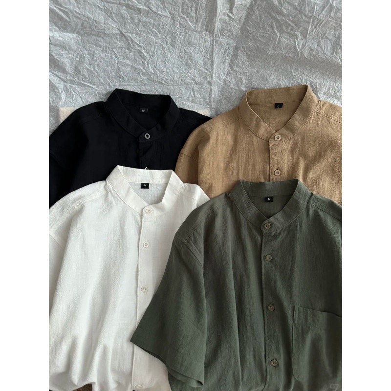 Bamboo-joint cotton pleated texture stand-up collar short-sleeved shirt for men, summer style, mature and sophisticated, new Chinese style cotton and linen shirt.