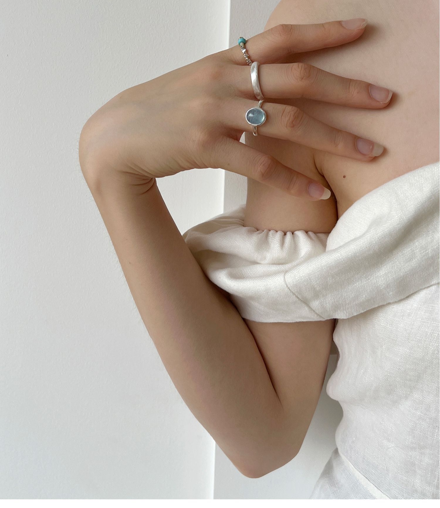 Aquamarine Gemstone And Brushed Silver Ring Set For Women_voghion.com