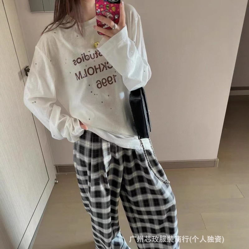 Ac Correct Original 2025 New Style Letter Distressed Print Hot Diamond Versatile Loose Long-Sleeved Sun Protection Early Autumn