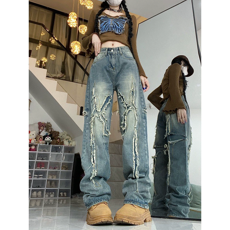 Реже цена! Нишевые дизайнерские шлифовальные стирание старые джинсы уличные свободные прямые брюки с широкими ногами