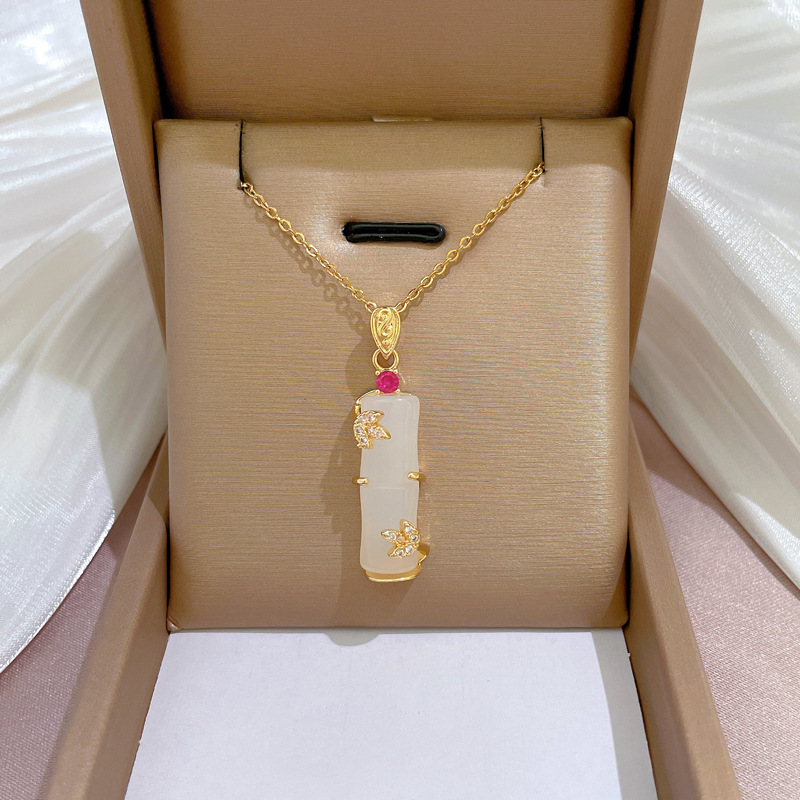 Titanstål jade bambu halsband lyxig micro diamant kedja_voghion.com