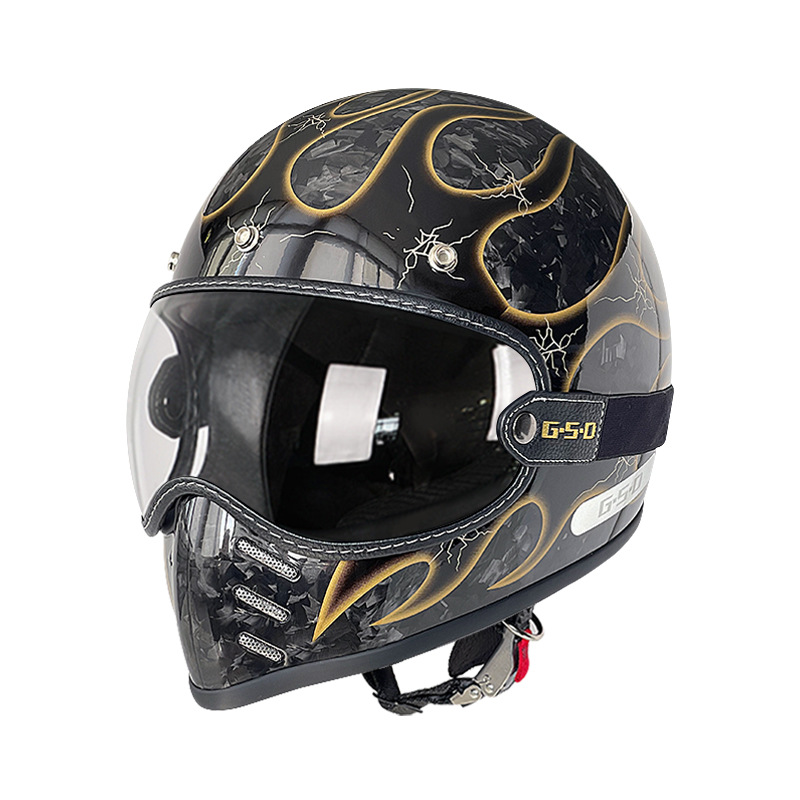 Motosiklet kaskı (dəbilqə) — Motuoche Helmet Electric Motorcycle - black-section-forged-gold-flame-transparent-lens-m55-56