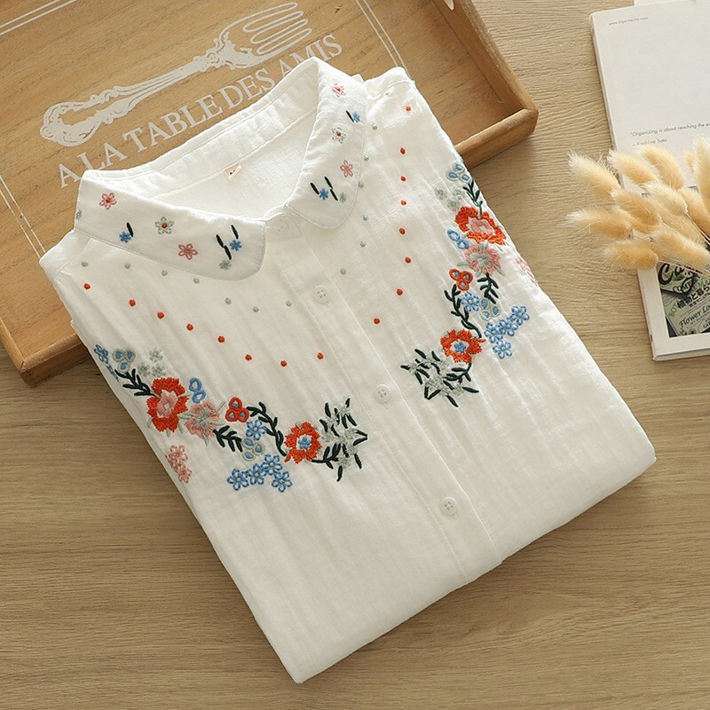 Artistic and Fresh Autumn Style Skin-Friendly Double-Layer Cotton Gauze Shirt Long-Sleeved Women's Loose College Style Embroidered Sweet Shirt