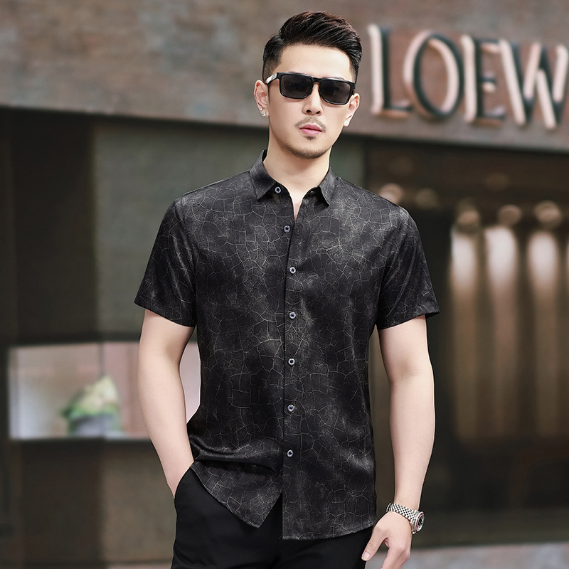 Áo sơ mi nam ngắn tay lụa tơ tằm in họa tiết Trung Hoa kiểu mới mùa hè — Cà phê 5213