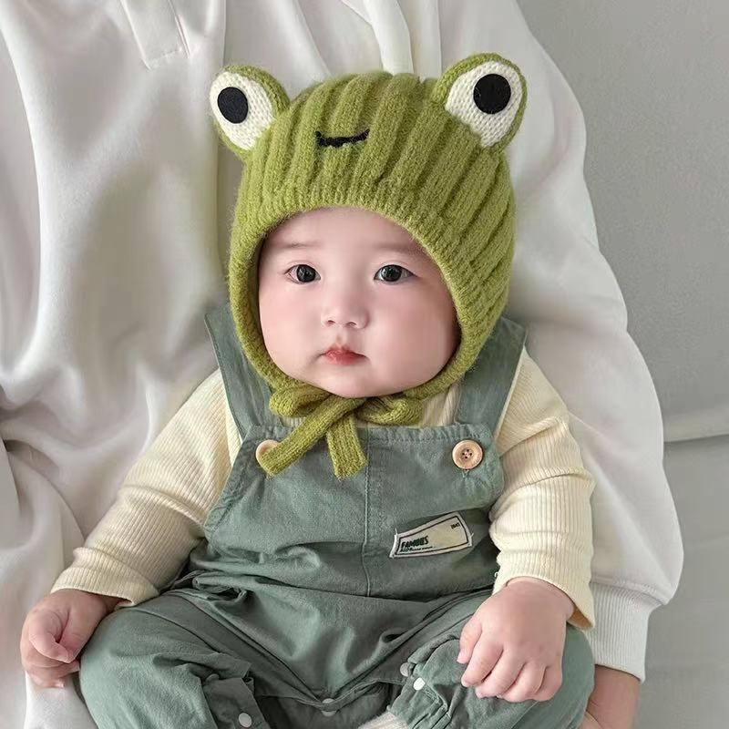 婴幼儿毛线帽秋冬季韩版可爱青蛙男女宝宝韩版针织套头护耳保暖厚|undefined