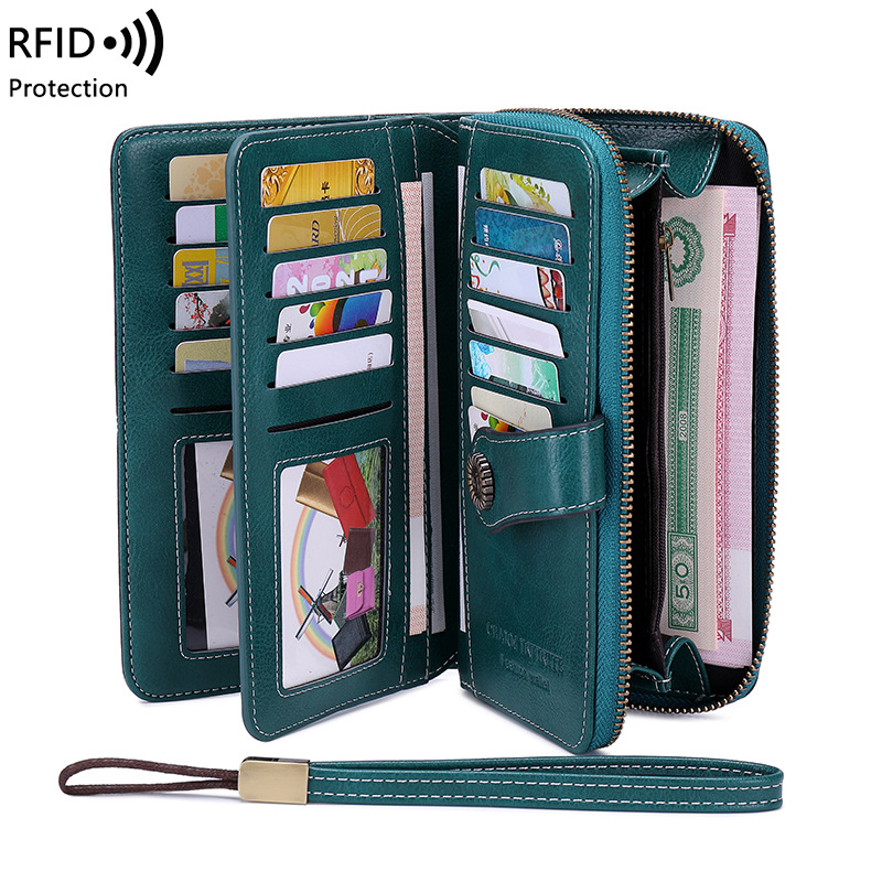 Portofel retro antifurt retro cu trei pliuri pentru femei, portofel lung de mână RFID european și american, pentru femei, nou, 2024_voghion.com