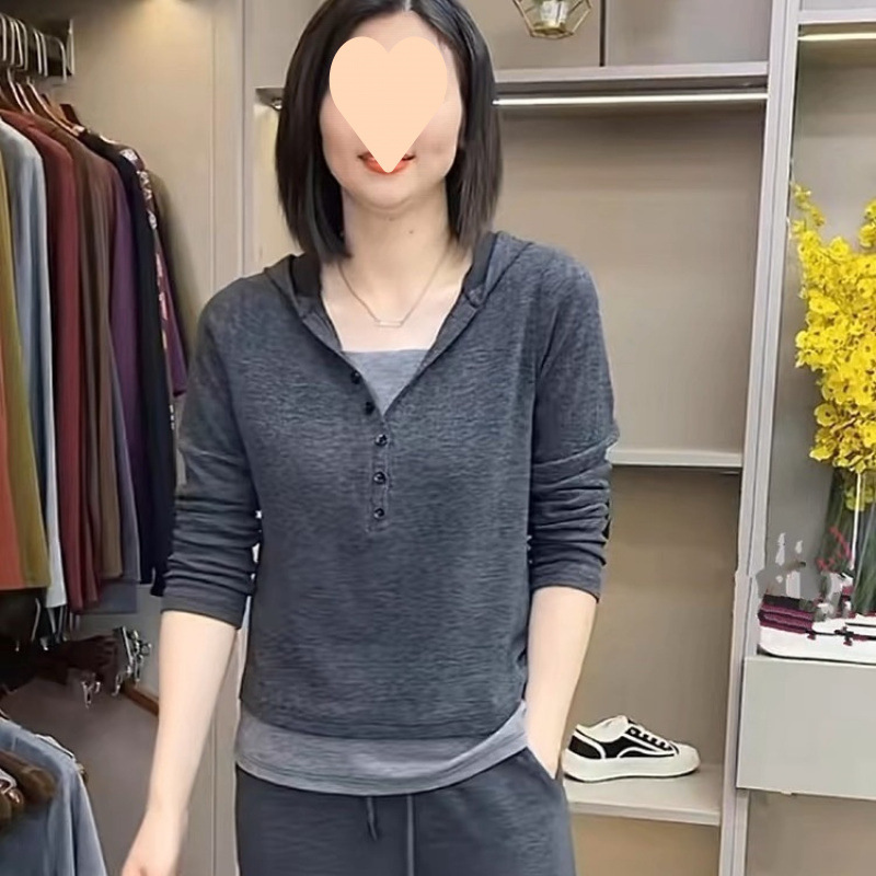 洋气假两件卫衣套装女士2025新款春秋休闲韩版时尚百搭卫衣两件套|undefined