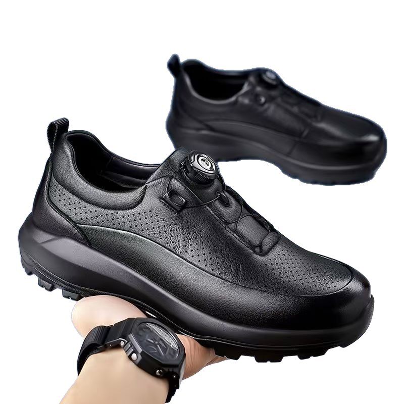 Giày da nam mũi tròn khoét lỗ thoáng khí, khóa xoay tiện lợi, gót thấp 1–3 cm — màu xám, màu đen