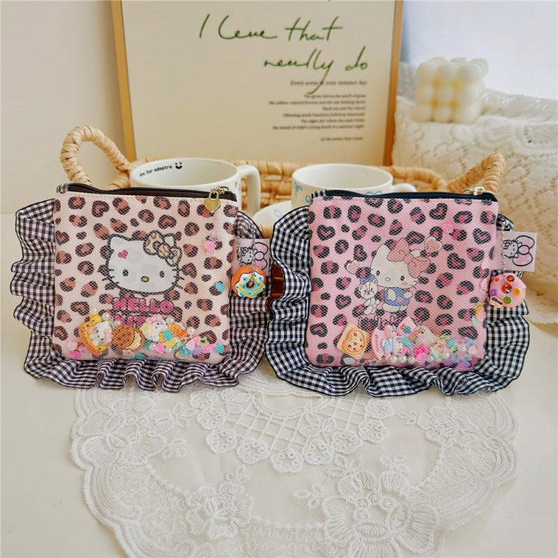 Hand-made cartoon cute KT leopard print quicksand square small bag pleated lace mouth red envelope function bag wholesale Hand-made cartoon cute KT leopard print quicksand square small bag pleated lace mouth red envelope function bag wholesale