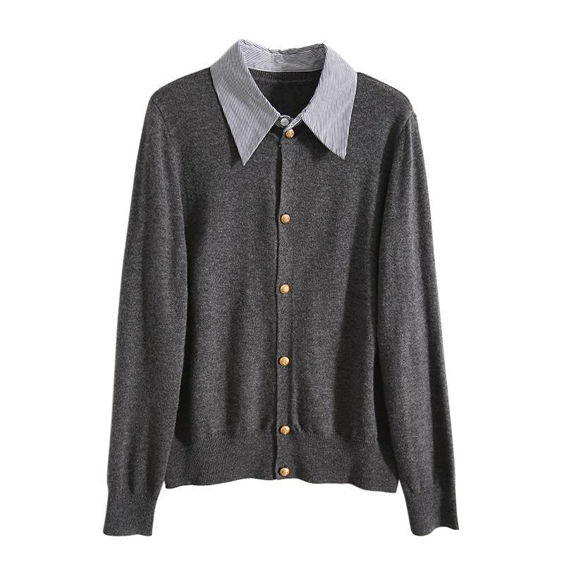 @ 知識人のストライプは偽の2つの学院風のウールのニットのカーディガンの女性の秋冬のMLZYB25576をつなぎ合わせます。|undefined