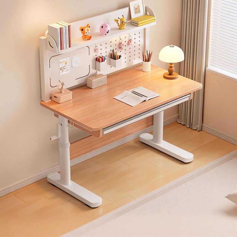 Hand-Adjustable Height Children's Study Desk, Simple Style Bedroom Desk for Elementary School Students with Pegboard, Writing Desk, Bookshelf, and Integrated Drawers