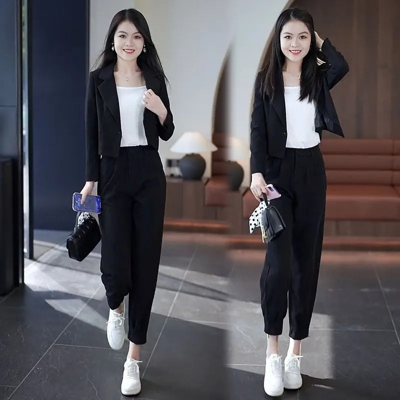 GraceChic 2024 New Fashion Suit Short Jacket Early Autumn Slim Thin Long Sleeve Petite Casual Two-Piece Set_voghion.com