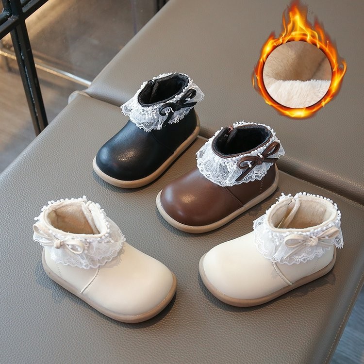 Girls' Boots with Double Cotton Lining, 2025 Winter New Children's Shoes, Little Girl Princess Shoes, Leather Boots, Baby Short Boots