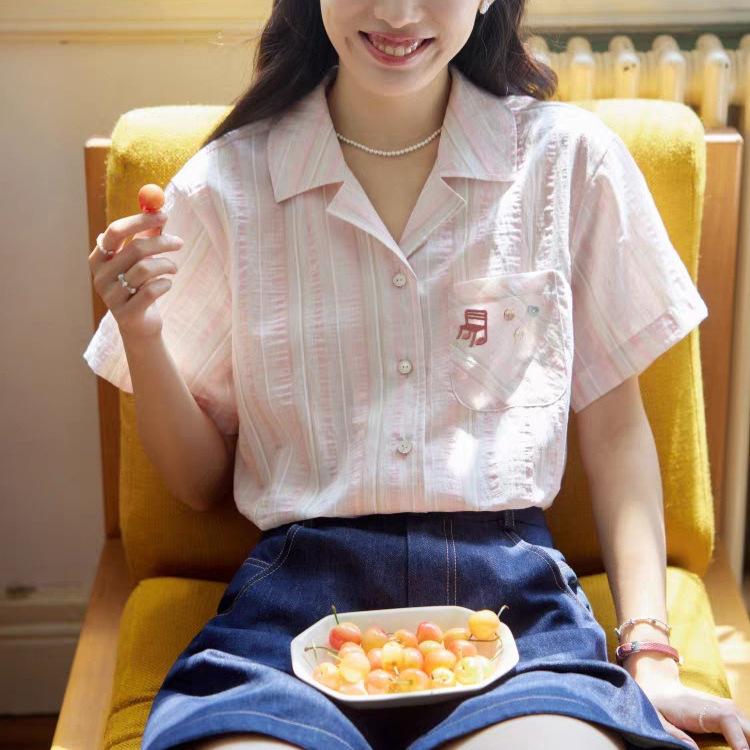 Nov Elist 1 French Cuban Collar Embroidered Short-Sleeved Stripesd Shirt Women's Summer New Thin Top