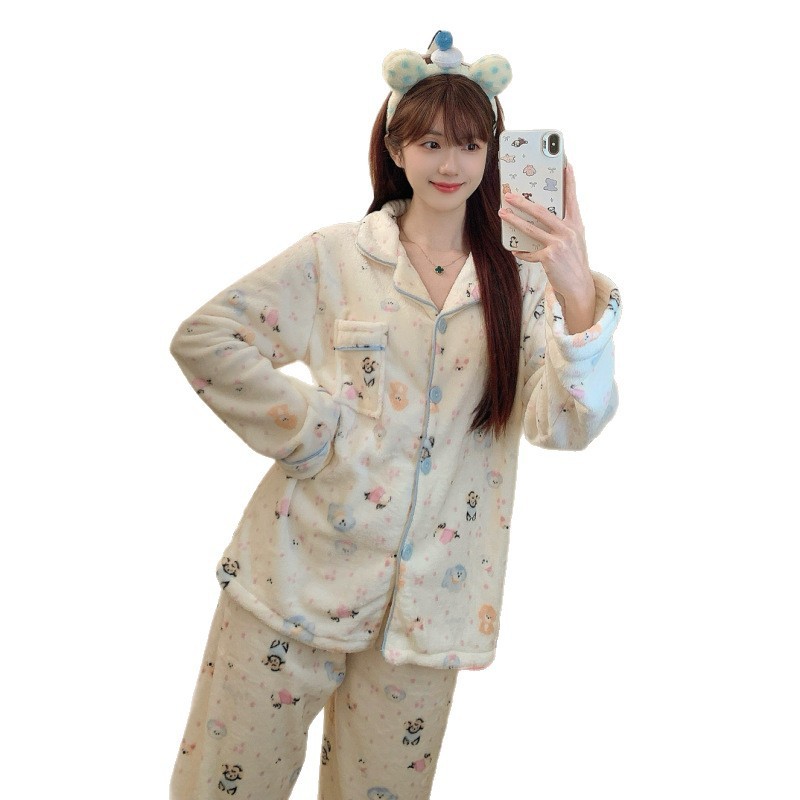 法兰绒睡衣女秋冬季新款公主风卡通开衫长袖套装加厚可外穿家居服|undefined