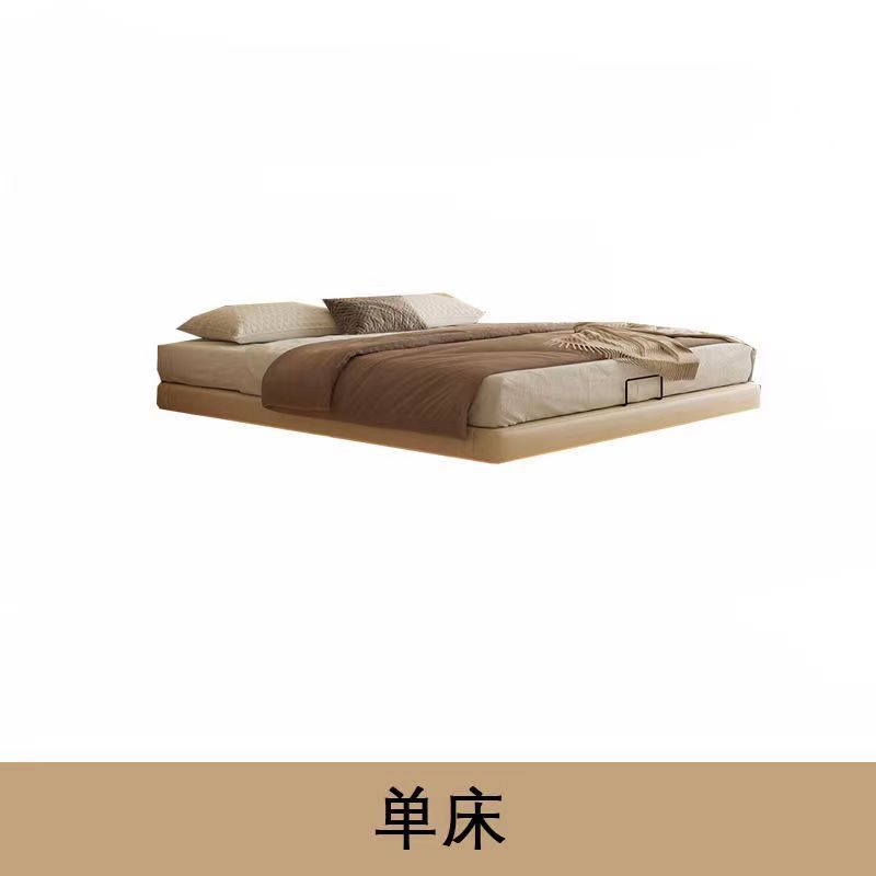 Sin cama, almacenamiento suspendido, cama con lámpara, cama principal de cuero simple moderno, cama grande sin respaldo, cama minimalista italiana