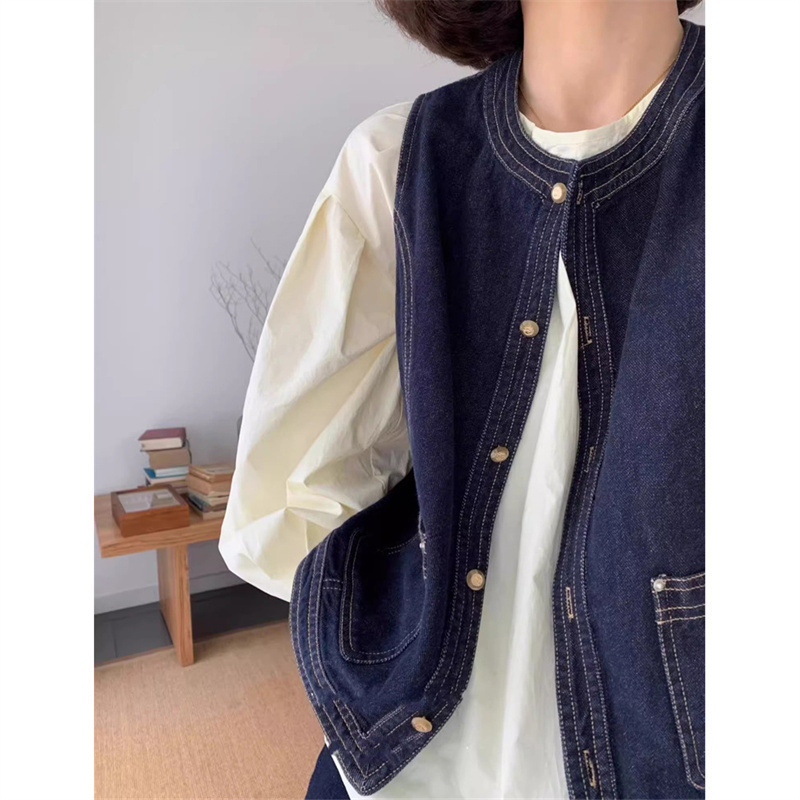 日本のレトロなデニムベストジャケット女性のための春と夏の新しいレイヤード多用途ハイエンドチョッキベストノースリーブカーディガン|undefined