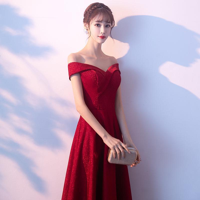 Off-shoulder toast dress bride 2024 New Spring wedding engagement red evening dress long back-to-door dress