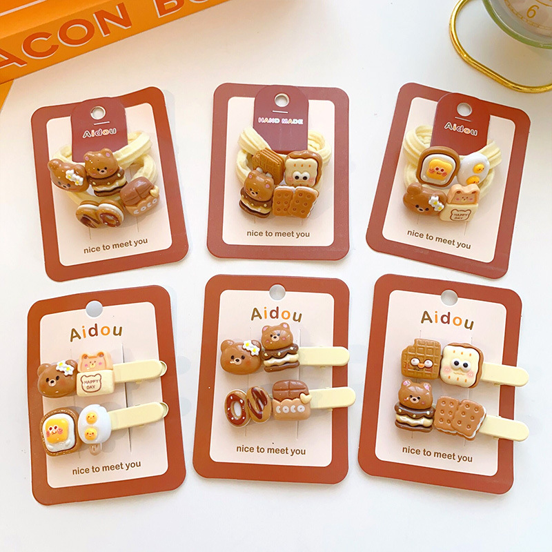 奶咖色系卡通甜品小熊餅乾髮夾頭繩不傷發毛巾圈碎髮夾劉海夾髮飾