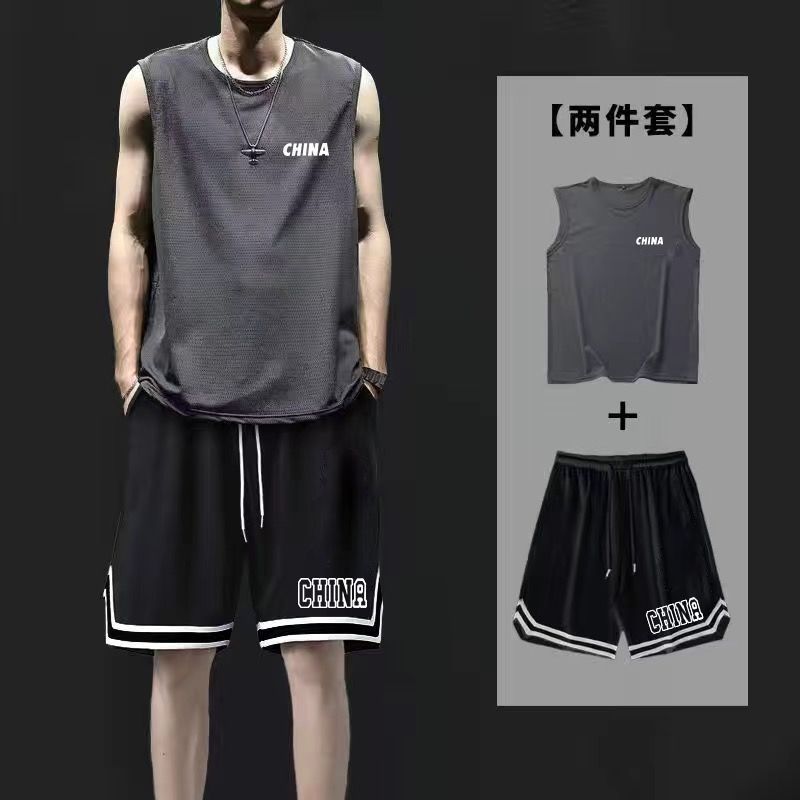 アイスシルクスポーツベストショーツスーツメンズ夏ランニングフィットネス大きいサイズ速乾性ノースリーブベストバスケットボールルーズ|undefined