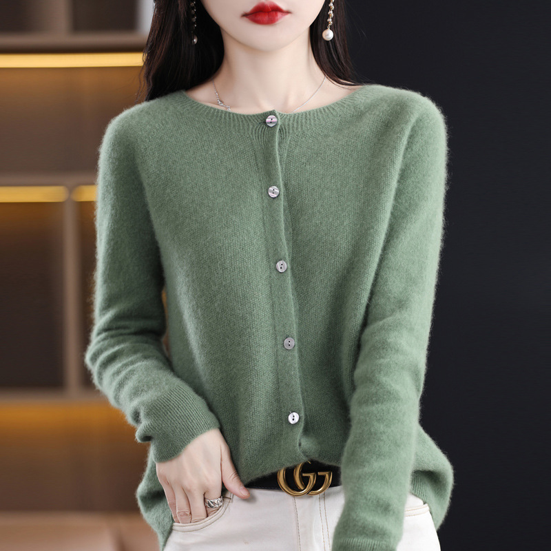 High-End Seamless 100% Pure Wool 2026 Autumn/Winter New Women's Short Round-Neck Loose Knit Cardigan Sweater