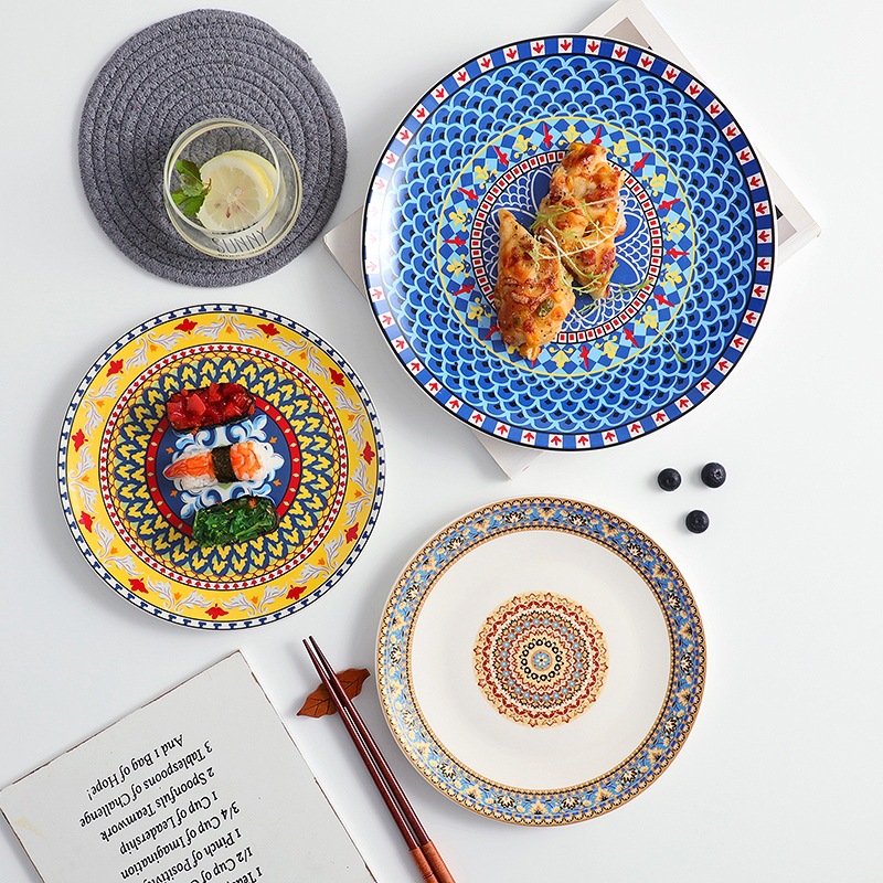 陶瓷盘子波西米亚风盘子餐具浅盘装饰盘摩洛哥花纹民族风平盘家用