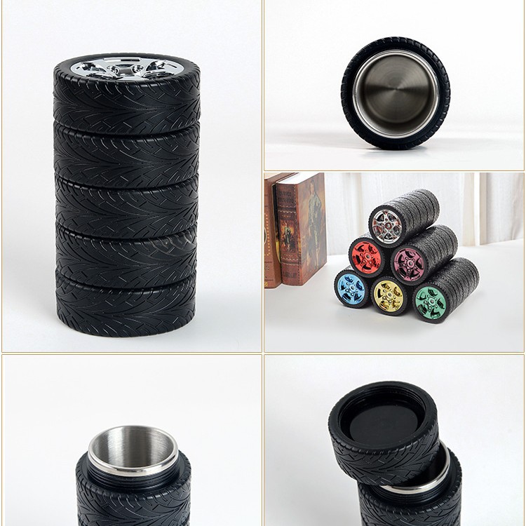 Fabricante al por mayor de vasos creativos para neumáticos de coche con revestimiento de acero inoxidable 304, material de calidad alimentaria, se puede imprimir con publicidad