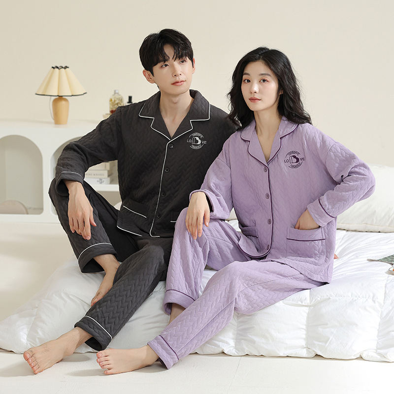 Pajamas for Couples Autumn and Winter Pure Cotton Sandwich One Man and One Woman Cartoon Home Clothes Set Air Cotton 2025 New Style