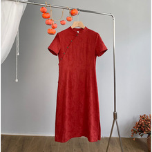 284复古轻中式高考送考红色旗袍气质肌理棉提花改良旗袍优雅女