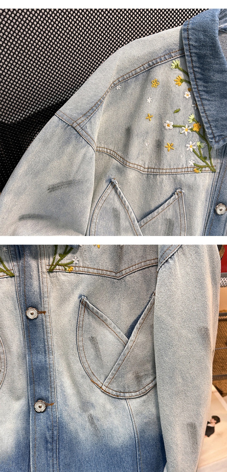 Unisex Gradient Denim Jacket With Floral Embroidery Retro Style_voghion.com