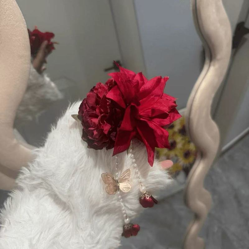 新しい中国風の赤い牡丹の花の真珠のタッセルヘアピンレトロなハイエンドの気質ヘアサイドクリップ古代スタイルの頭飾り|undefined