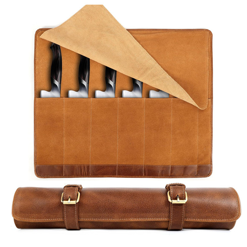 Leather Knife Roll Storage Bag, Professional Chef Knife Storage Bag, Picnic Camping Barbecue Knife Protective Case