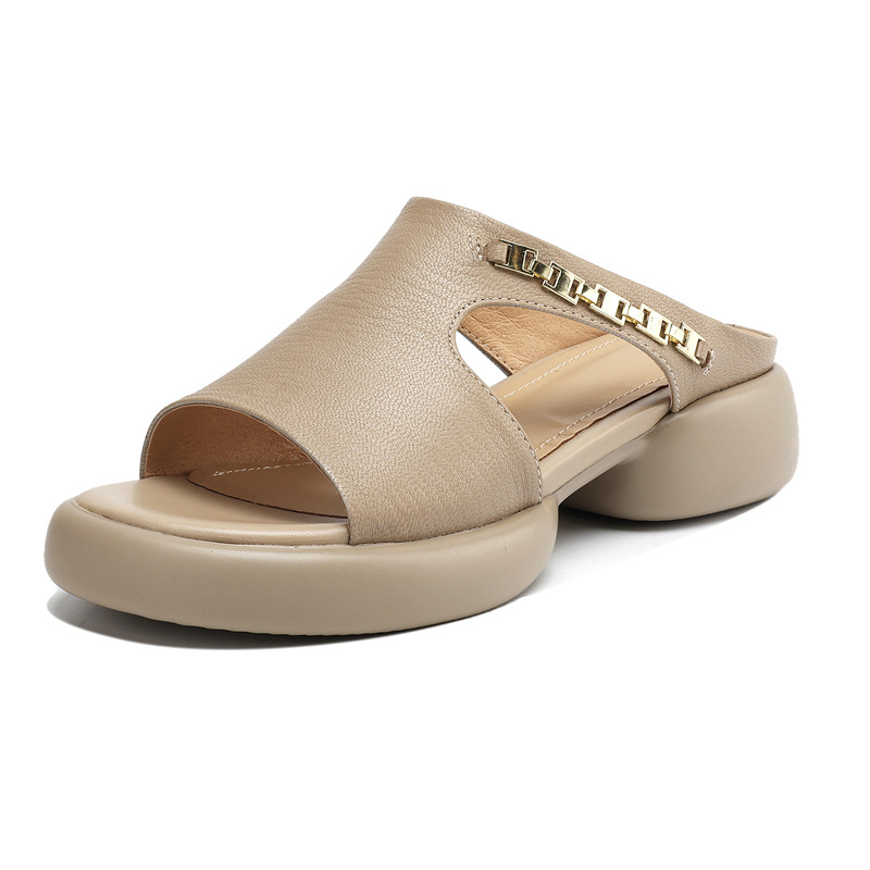Dép sandal nữ da cừu miệng cá đế dày gót cao nhẹ — đen