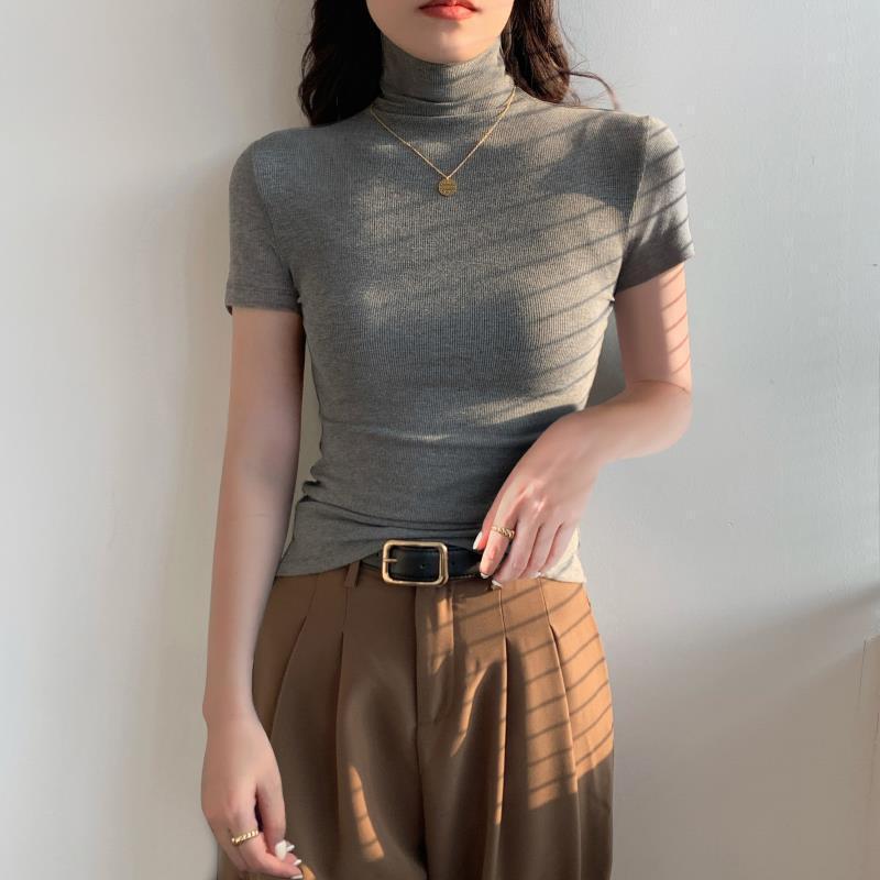 Gray Knitted High-Neck Short-Sleeved T-Shirt for Women Spring & Fall 2025 New Style Bottoming Shirt for Inner Wear and Outer Wear Slim Fit Top Gray Knitted High-Neck Short-Sleeved T-Shirt for Women Spring & Fall 2025 New Style Bottoming Shirt for Inner Wear and Outer Wear Slim Fit Top