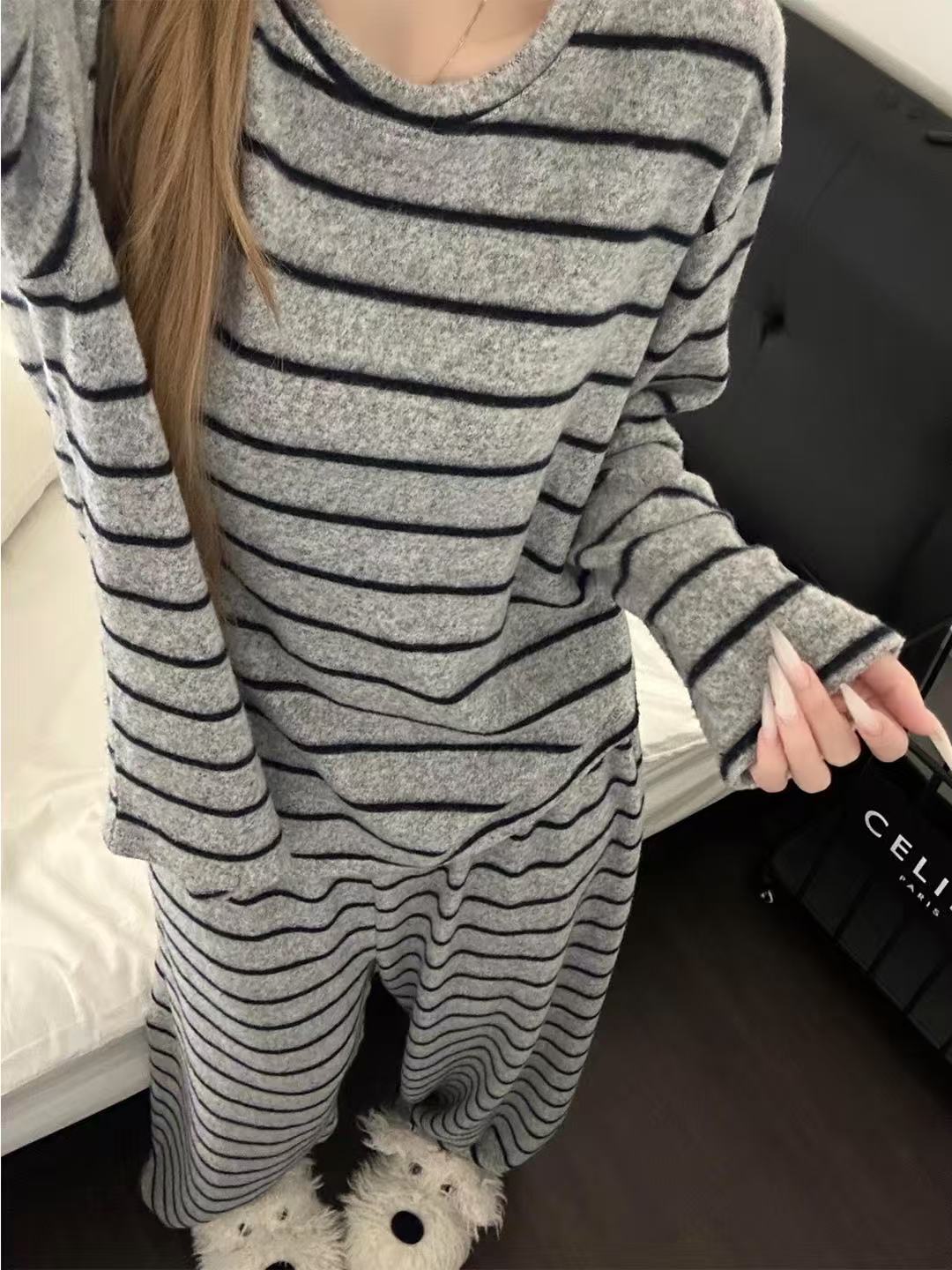 Pigiama a righe semplice, a blocchi di colore, in velluto termico, per donna, autunno inverno, stile coreano, nuovo, caldo_voghion.com