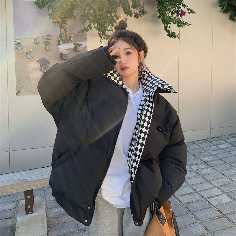Jacket (Chess) Oversize Puffer, Winter Coat with Checkerboard Lining, Trendy Bread Style