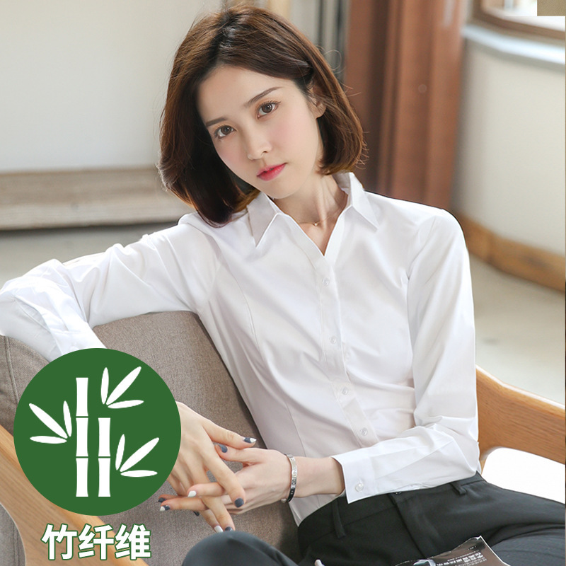 白い長袖シャツ 女性用 オフィスウェア ワークウェア 竹繊維 Vネック 小衿 白シャツ 卸売|undefined