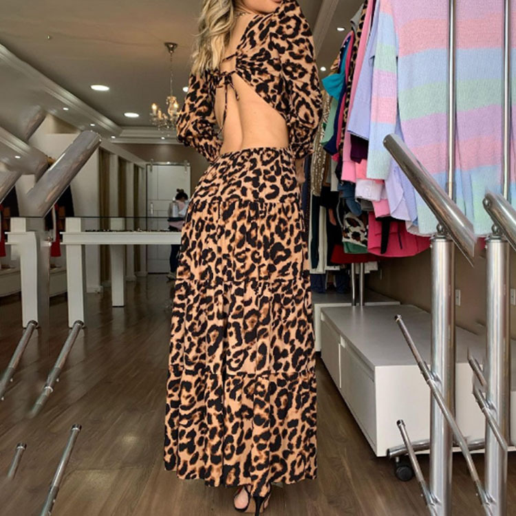 Leopard Print Cut Out Long Sleeve Slim Dress NSHHF75788