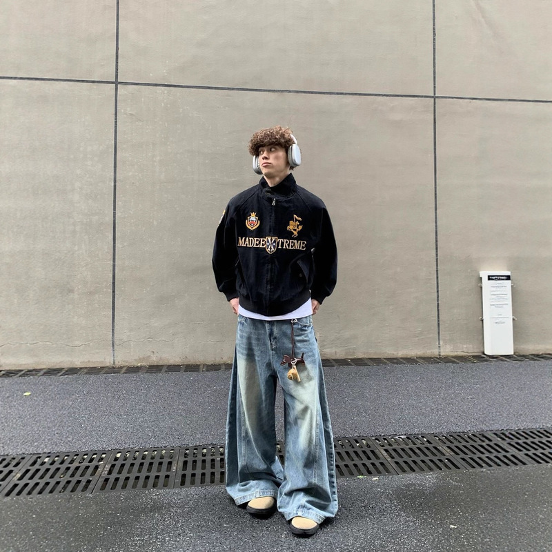 潮牌藏蓝色短款棒球服外套街头cleanfit美式复古夹克男宽松男外套|undefined