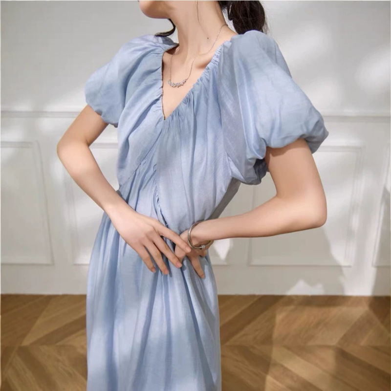 Plum Jan/French-Style Elegant Design Blue Dress with Summer Pleated Puff Sleeves and Holiday-Style Long Dress for Women