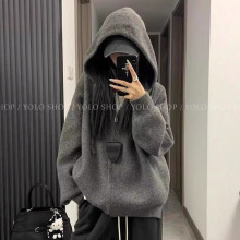 慵懒老钱风灰色拉链连帽毛衣外套女秋冬季软糯浣熊绒针织卫衣开衫