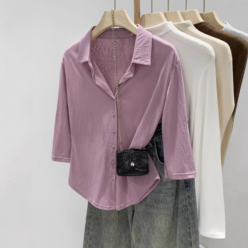 Designed Shirt with Adjustable Collar and Cuffs, Five-Quarter Sleeve T-Shirt for Women, New Early Spring Polo Shirt, Small Top Designed Shirt with Adjustable Collar and Cuffs, Five-Quarter Sleeve T-Shirt for Women, New Early Spring Polo Shirt, Small Top