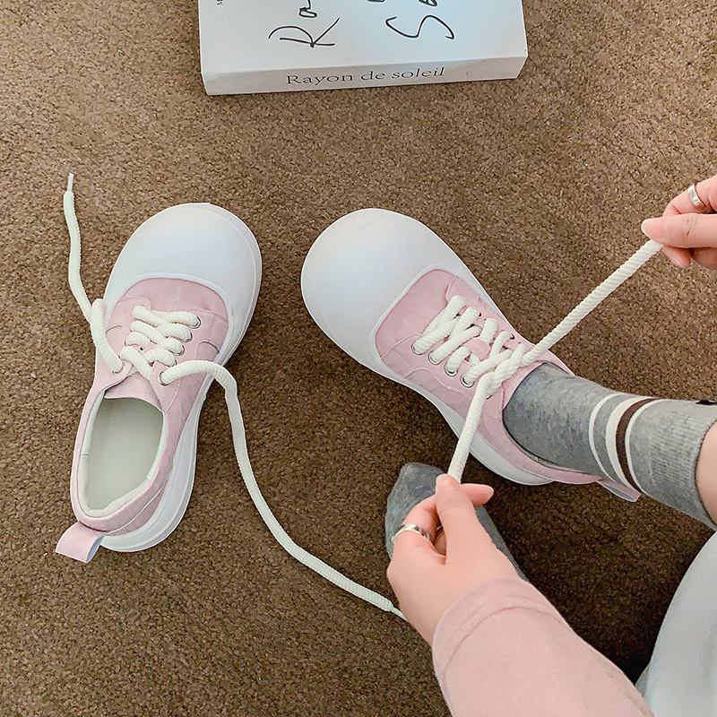 Giày sneaker nữ đế dày chunky mũi to phong cách bánh mì dây buộc tăng chiều cao — màu đen, màu hồng, màu trắng