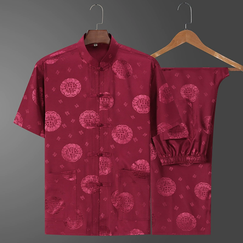 Summer silk set for elderly, for middle age, Chinese style, with short sleeve