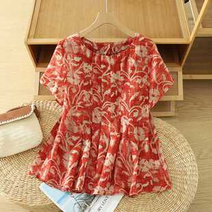 Real Shot of Retro Printed Pure Ramie Shirt 2025 New Women's Summer Round Neck French Literary Top